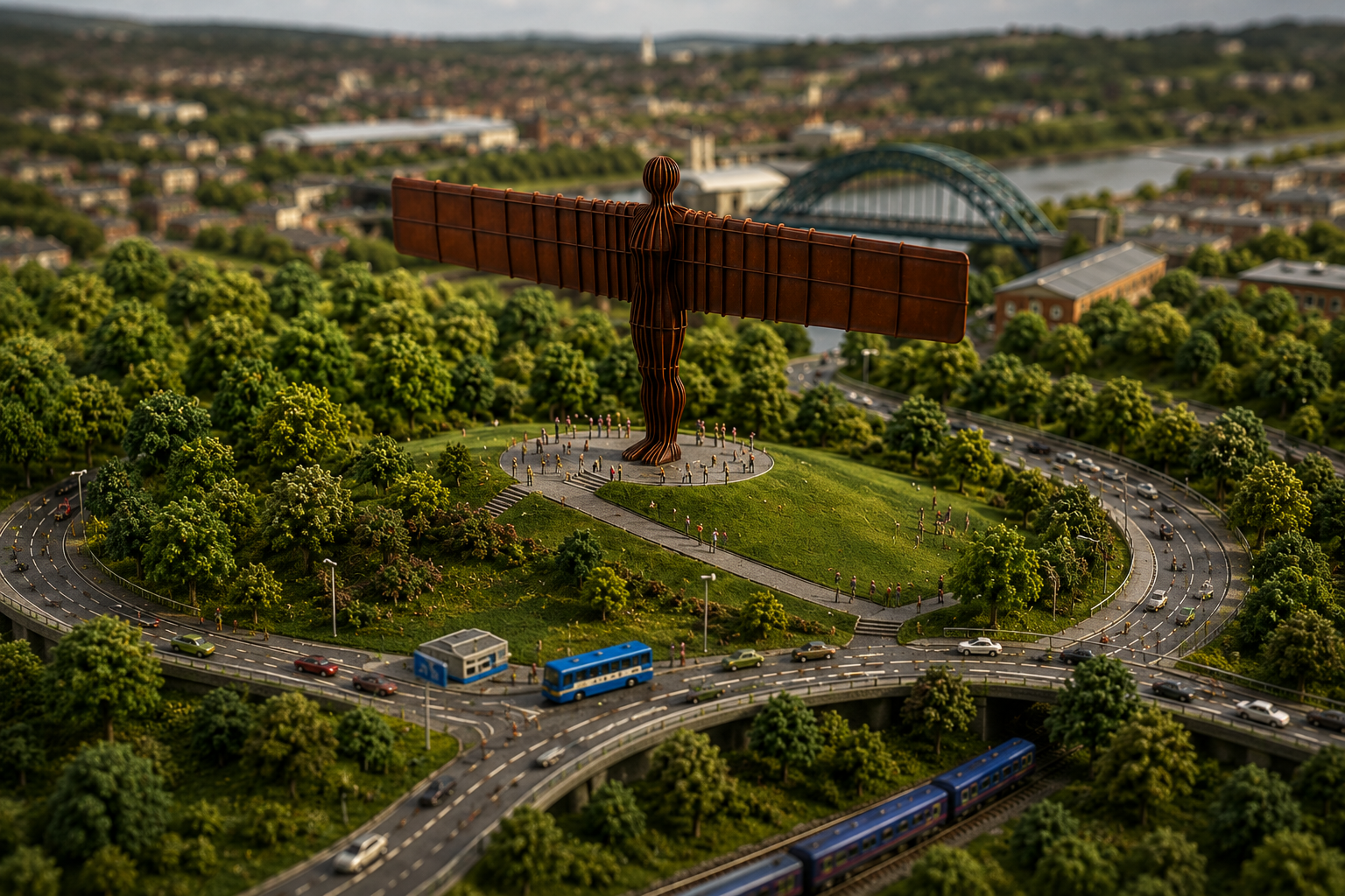 Miniature interpretation of the Angel of the North overlooking the landscape of North East England