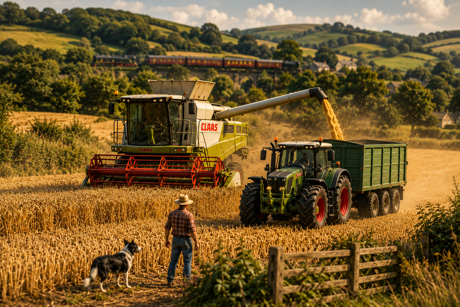 Miniature harvest scene with combine harvester and tractor