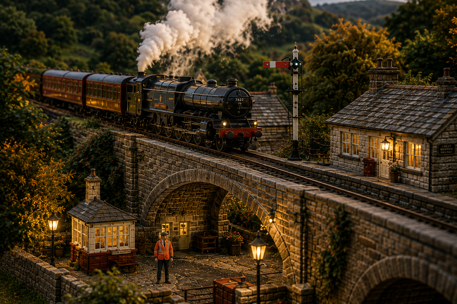 Miniature countryside railway and village diorama