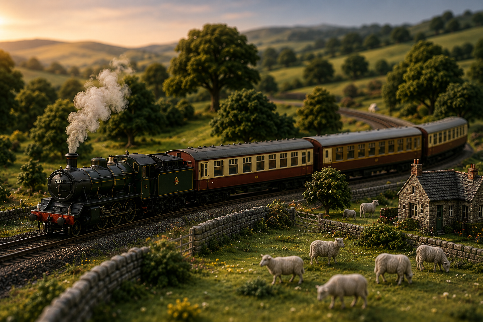 Miniature steam railway travelling through the English countryside