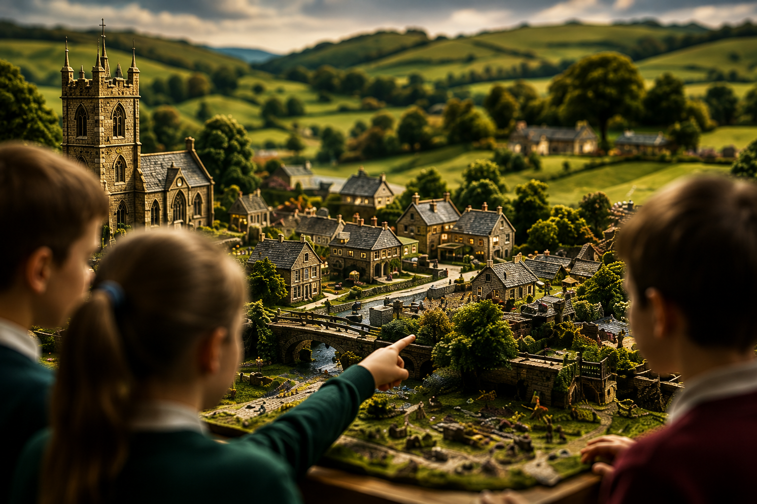 Children discovering a miniature British countryside village