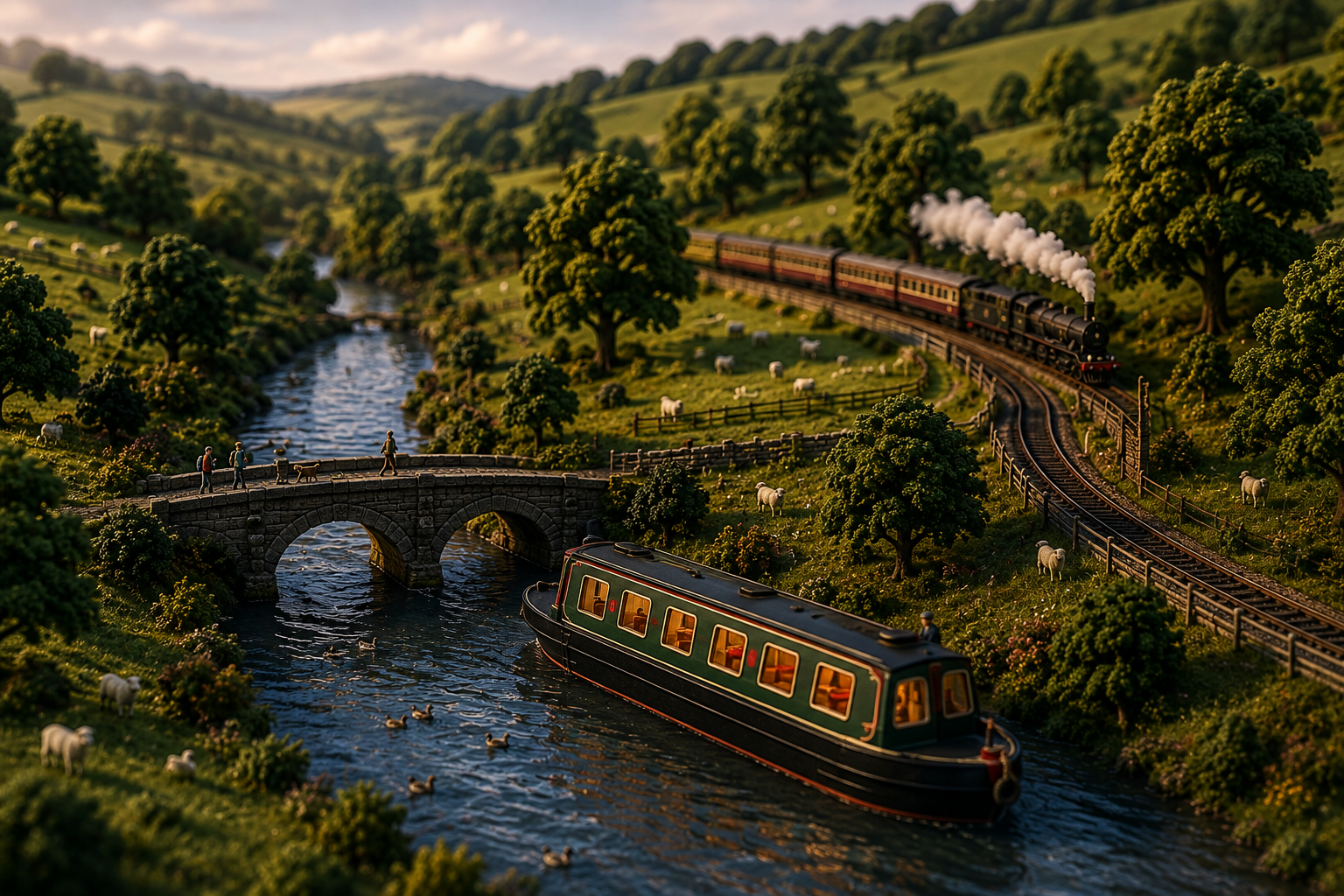 Miniature English countryside and canal representing environment and sustainability