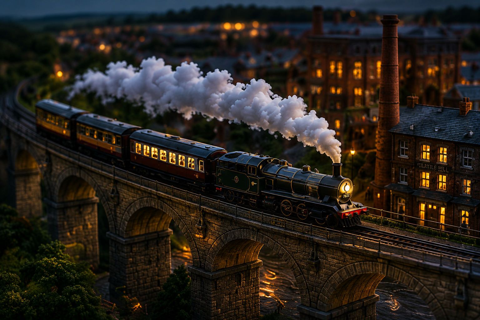 Miniature steam locomotive crossing a historic railway viaduct