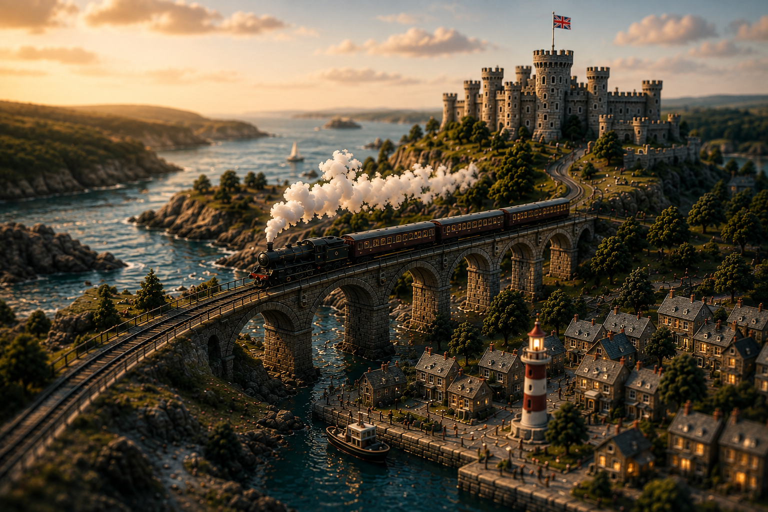 Miniature coastal railway landscape representing the onward journey through Model Britain