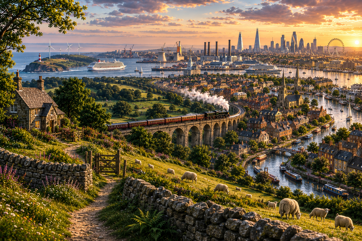 Model Britain countryside transitioning towards towns, cities, railways and maritime Britain
