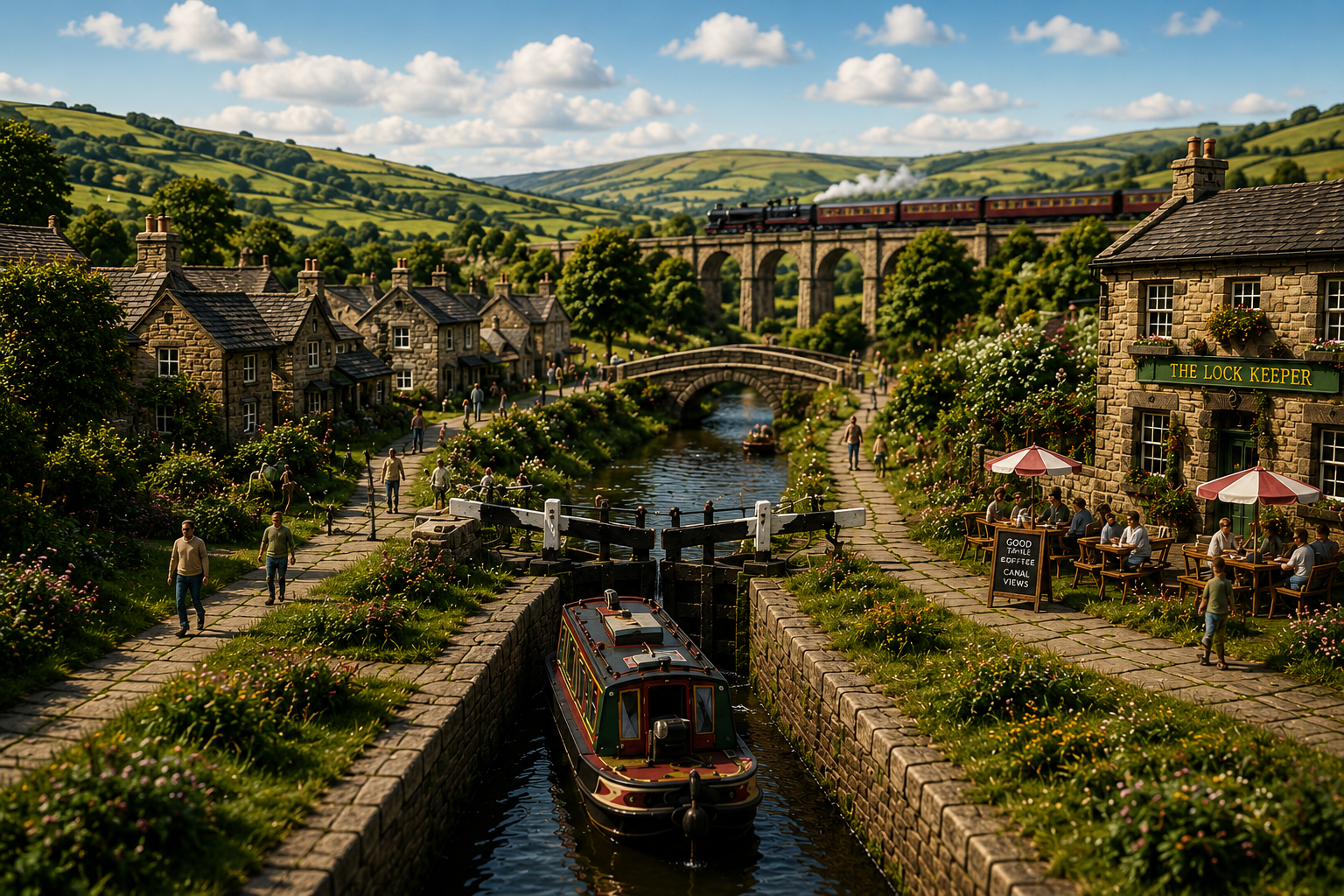 Countryside Britain landscape with waterways, village life and railway