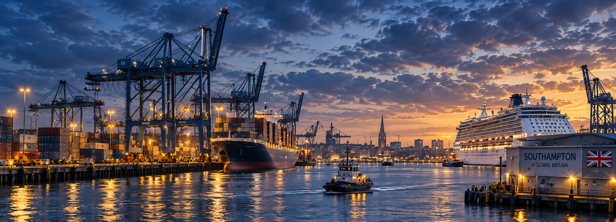 Southampton port with container cranes, cargo shipping and passenger liner at twilight