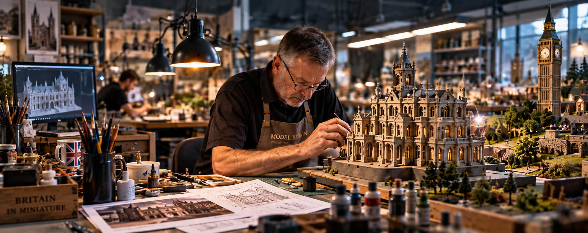 Modelmaker crafting an intricate miniature British scene in the Model Britain workshop
