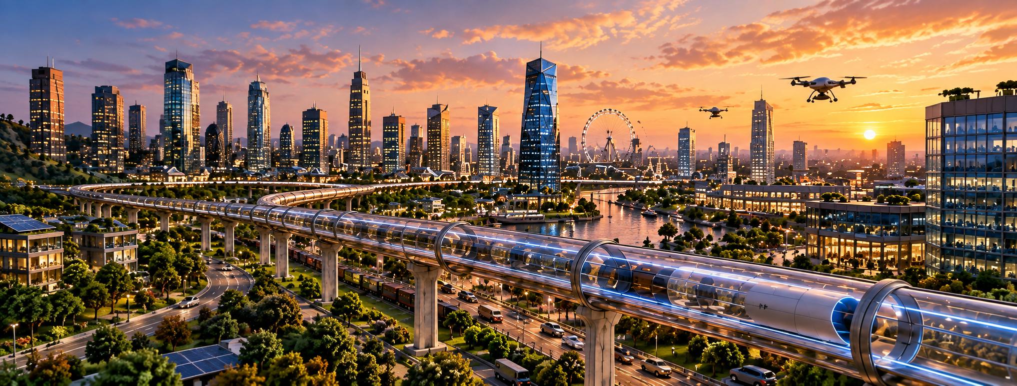 Future Britain miniature cityscape with advanced transport, sustainable infrastructure and a modern skyline