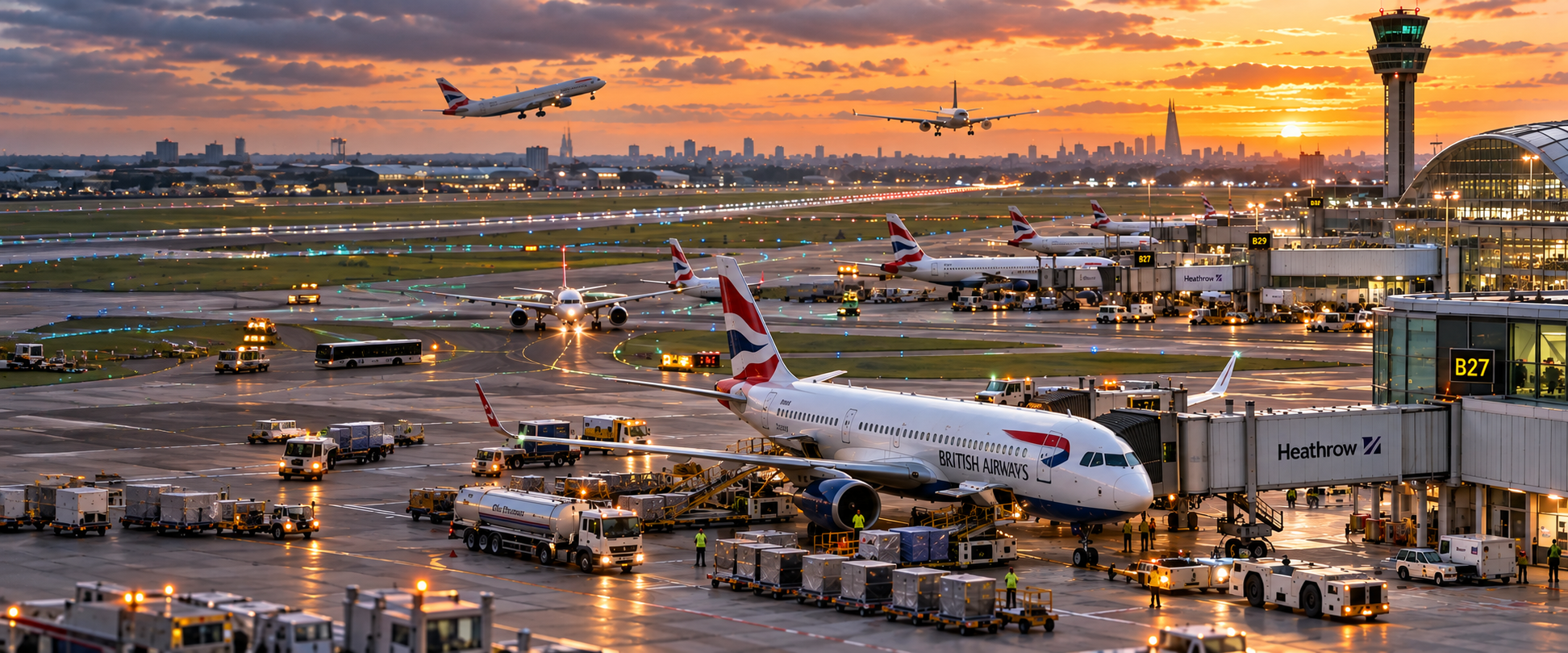 Model Britain's miniature Heathrow Airport with aircraft, runways, terminal operations and ground handling