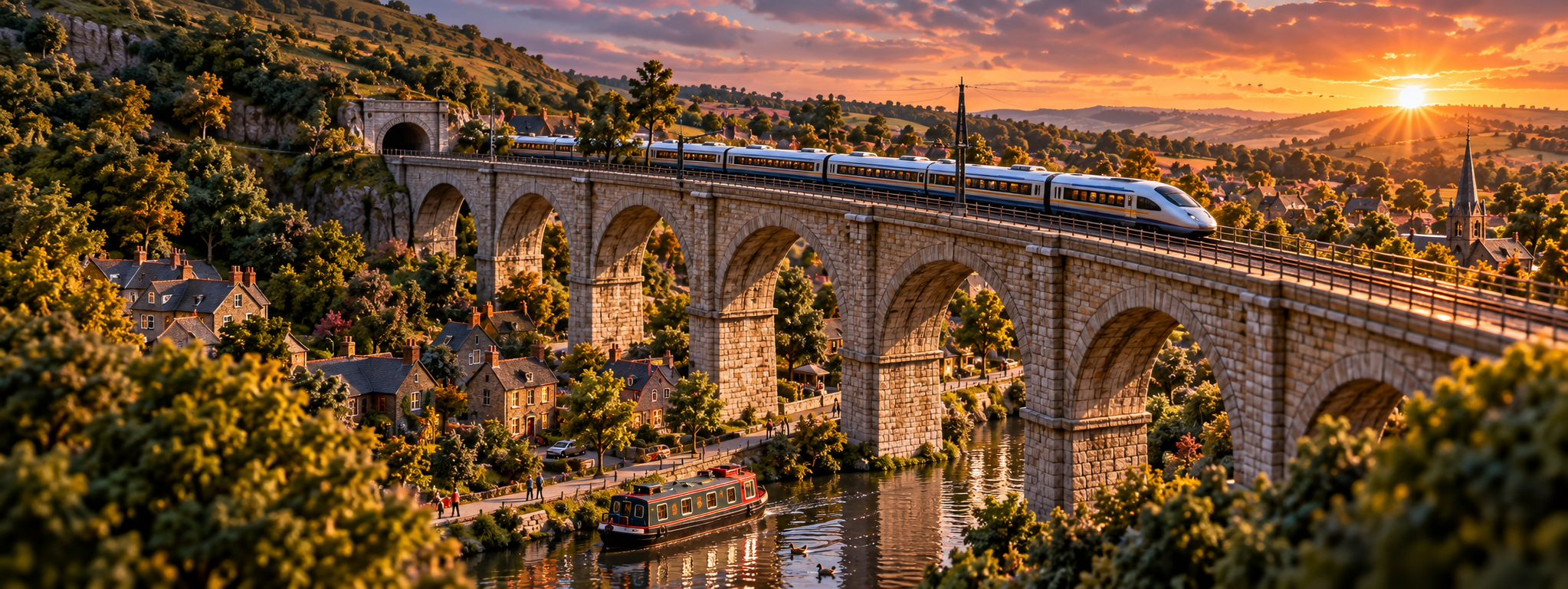 Model Britain miniature railway crossing a grand stone viaduct through a British valley at sunset