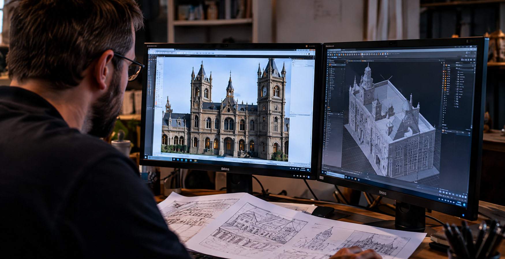 Designer developing an intricate Gothic building for Model Britain using digital architectural modelling