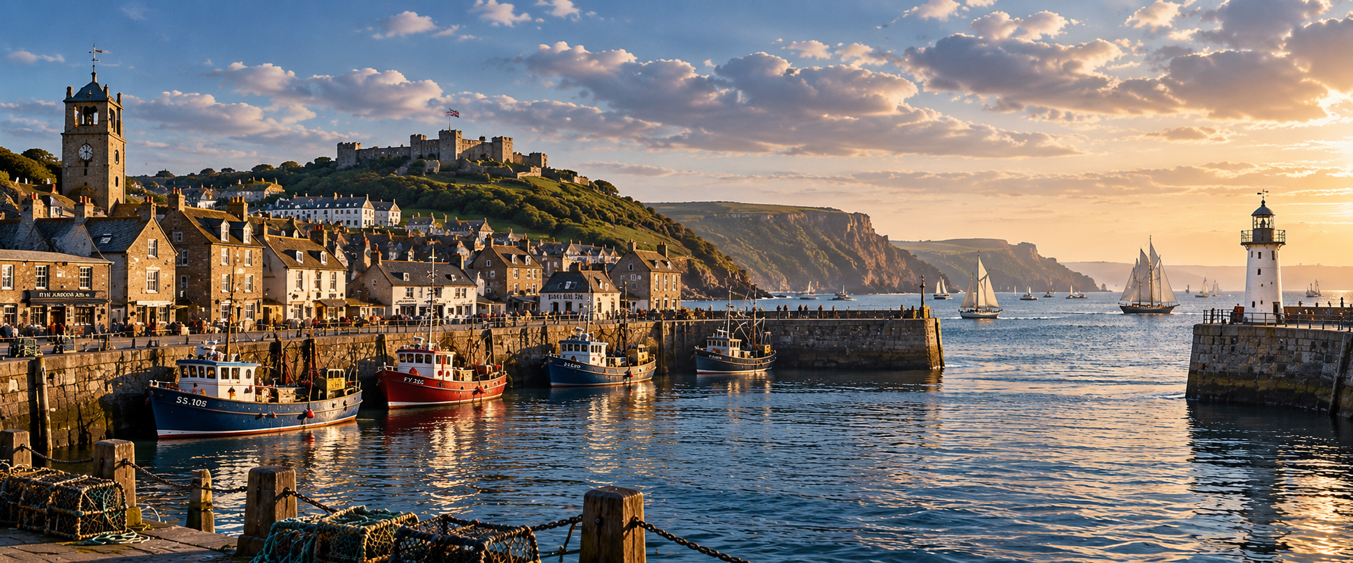 British coastal harbour with fishing boats, waterfront buildings and distant cliffs