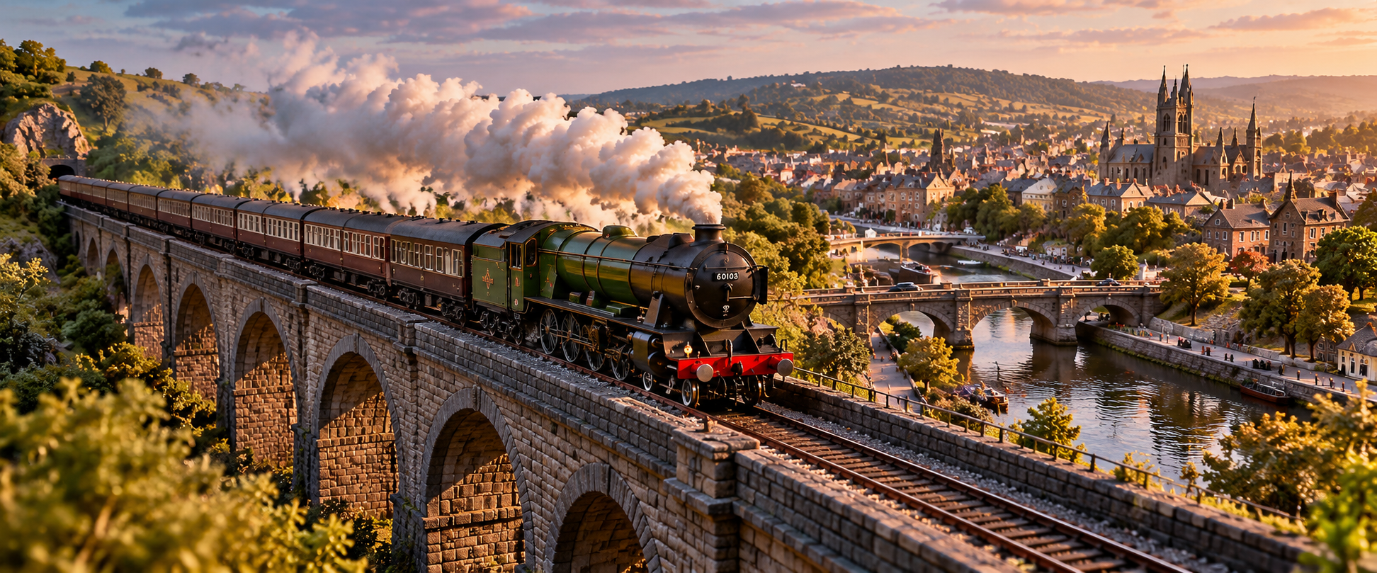 Steam railway crossing a stone viaduct through a British landscape in Model Britain's Britain in Motion experience