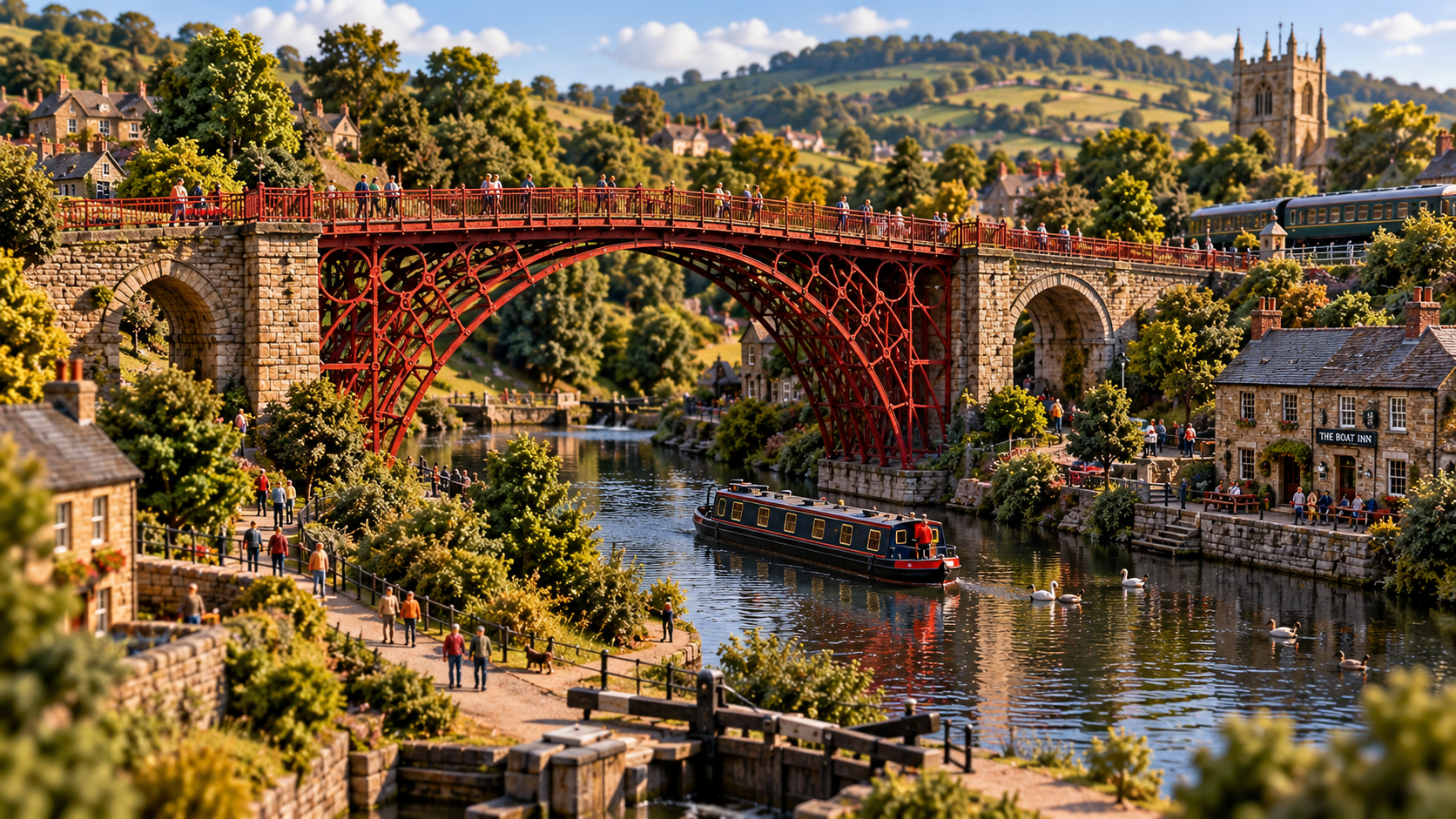 Miniature British iron bridge over a canal in a countryside engineering scene
