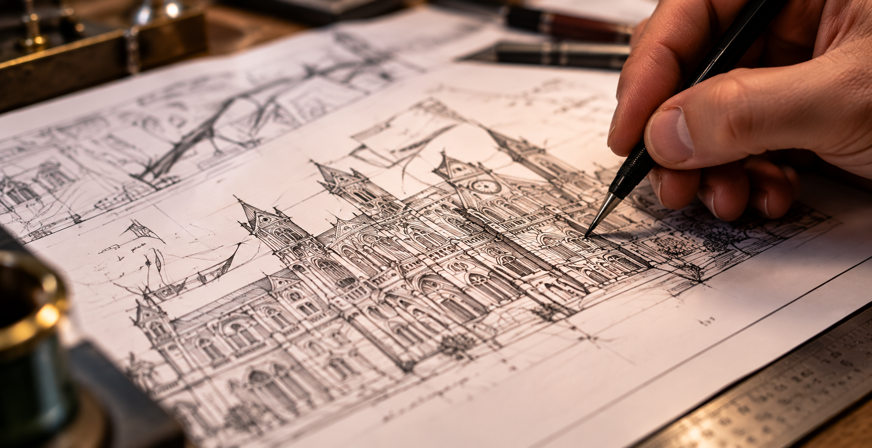 Detailed architectural sketch being drawn by hand as part of the Model Britain design process