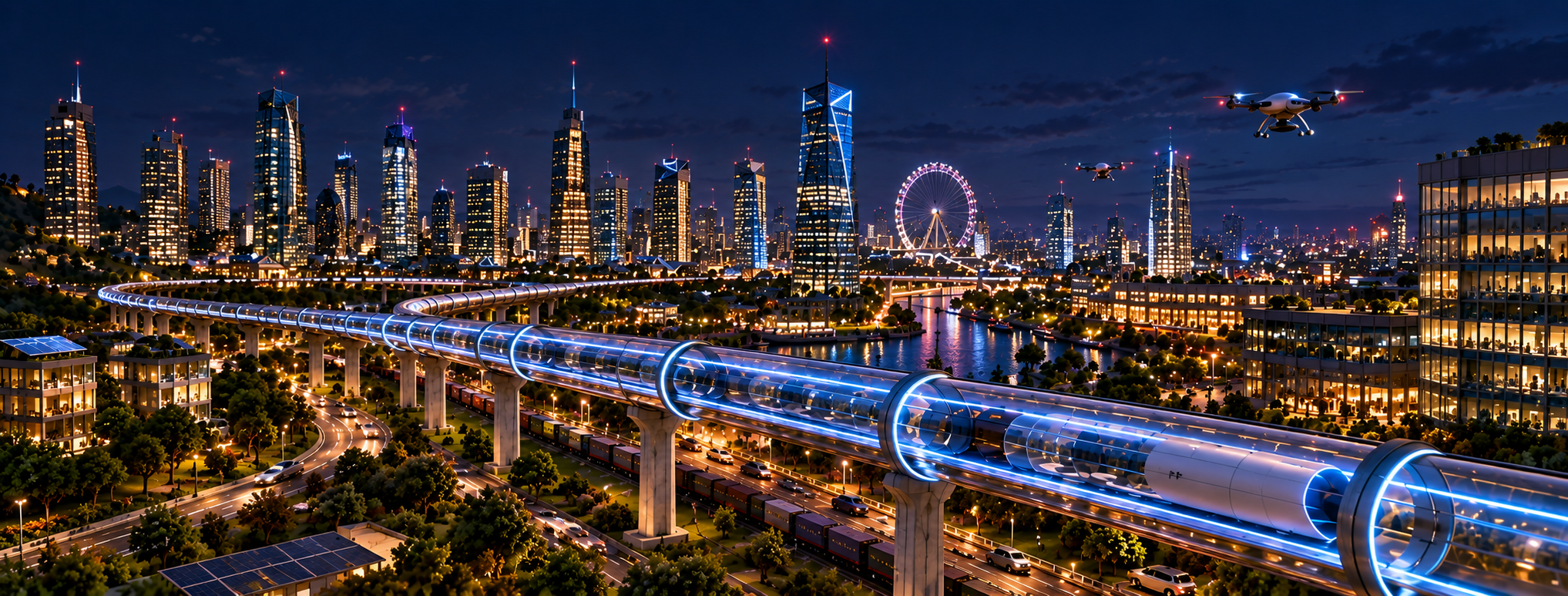 Miniature futuristic British city at night with next-generation Hyperloop transport