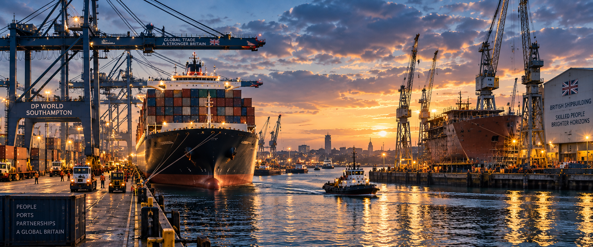 British working port with cargo ships, cranes and shipyard activity