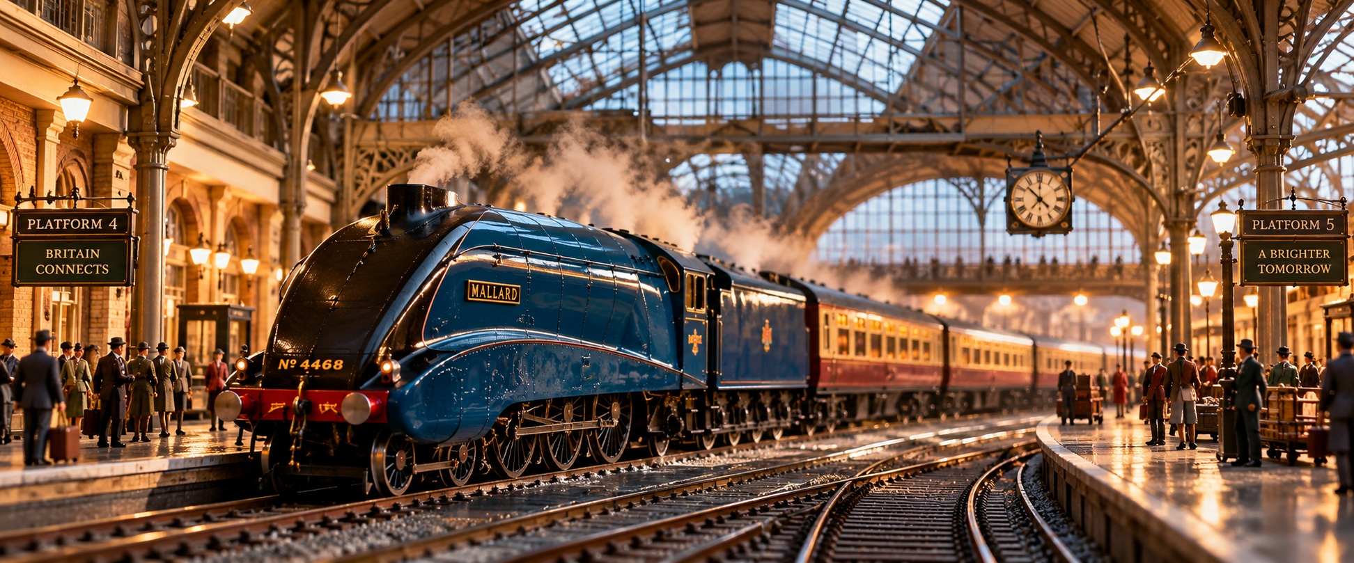Mallard steam locomotive at a grand British railway station