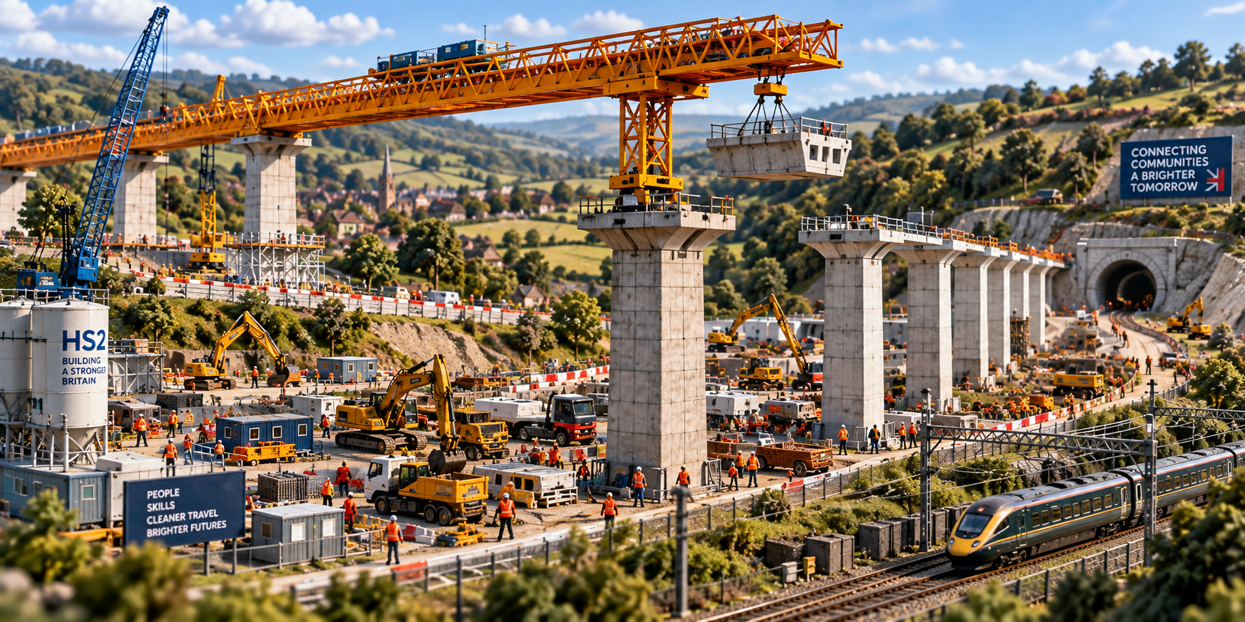 Miniature British viaduct construction site with cranes, bridge piers and major infrastructure works