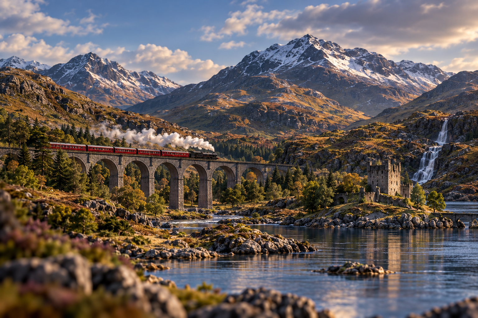 Steam train crossing a viaduct through the Scottish Highlands