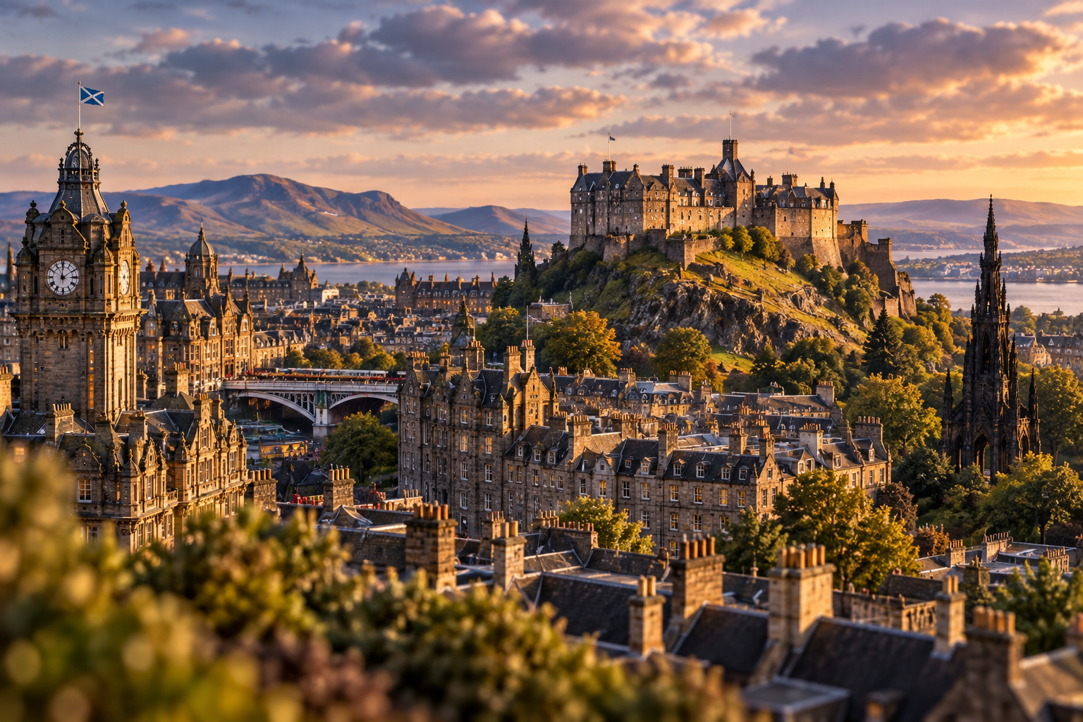 Edinburgh Castle and historic cityscape at golden hour