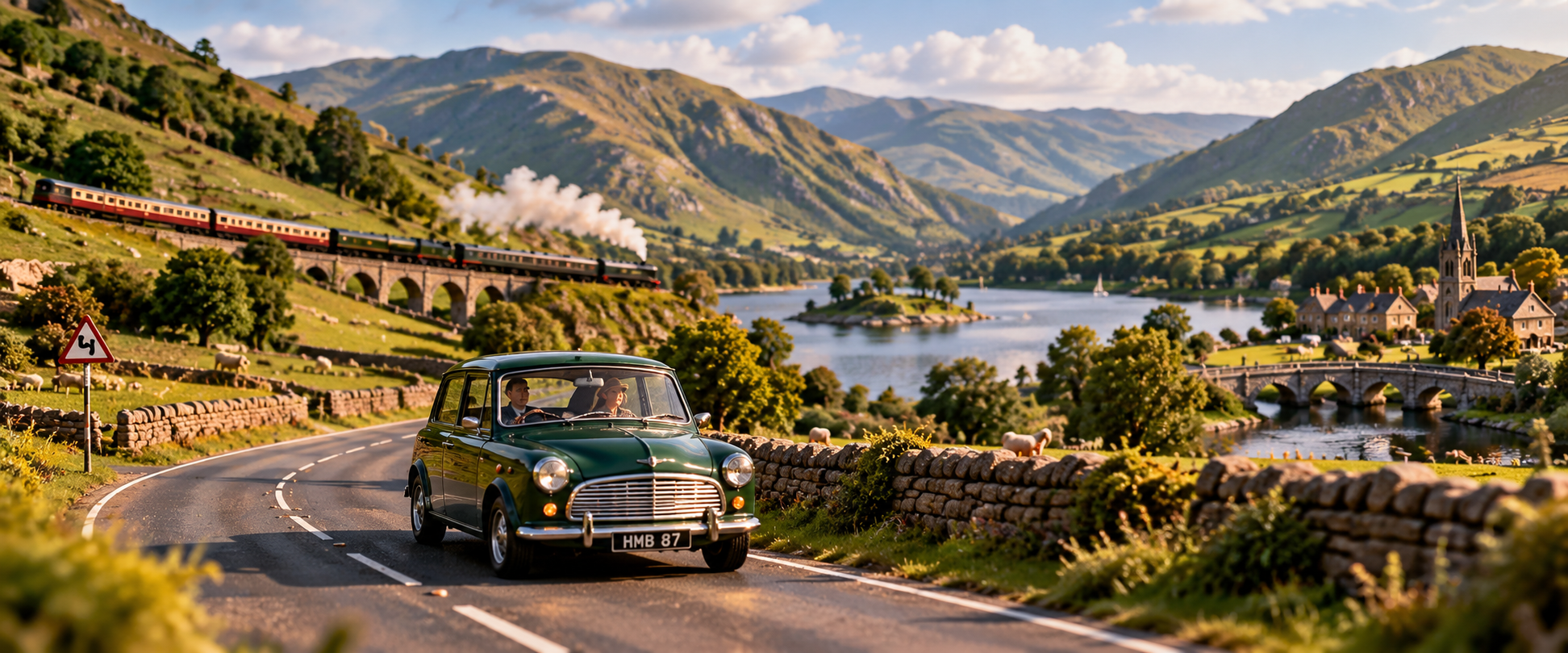 Miniature British car travelling through a countryside landscape