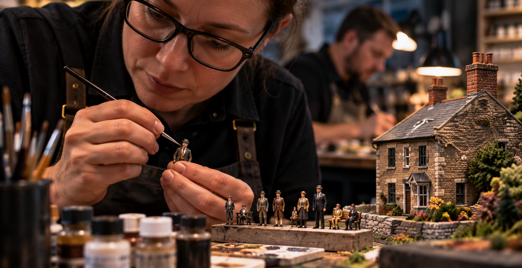 Modelmaker carefully painting tiny miniature figures in the Model Britain workshop