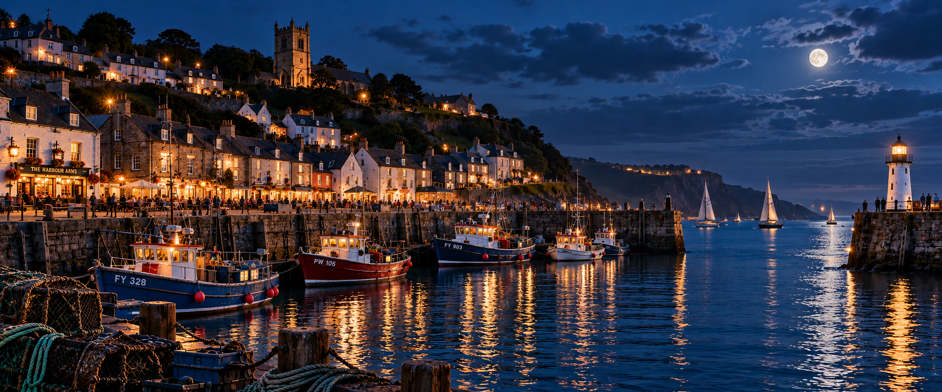 British coastal harbour village illuminated at blue hour