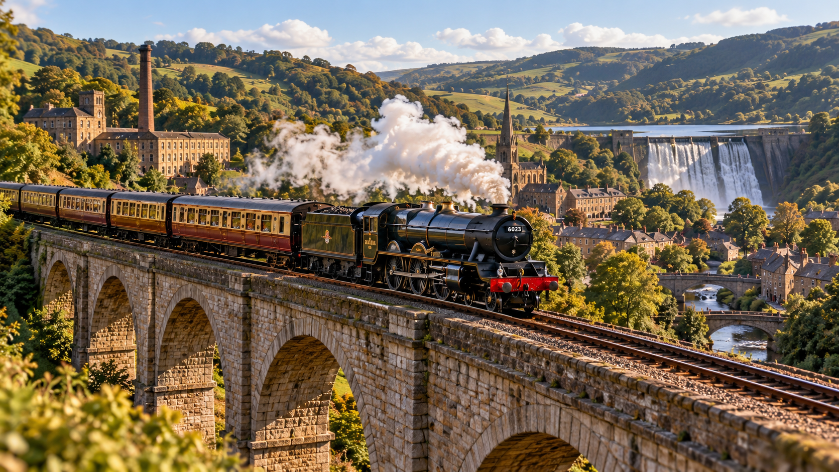 British steam locomotive crossing a miniature countryside valley