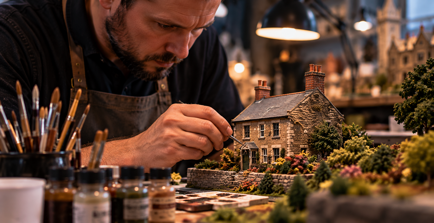 Craftsperson building and detailing a miniature British cottage