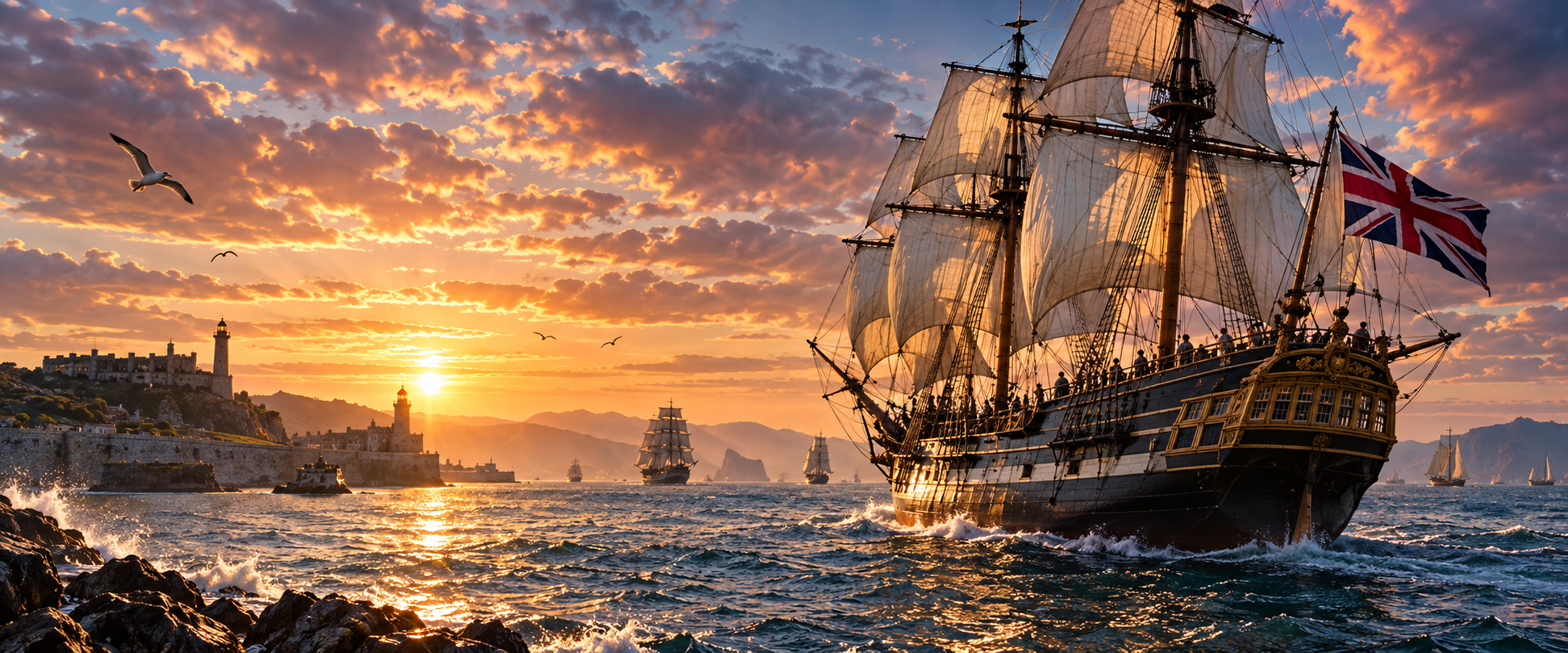 Historic British sailing vessel at sea representing exploration and global maritime reach