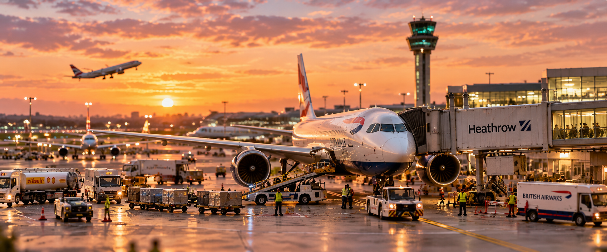 Model Britain miniature Heathrow Airport with aircraft, jet bridge and ground handling operations