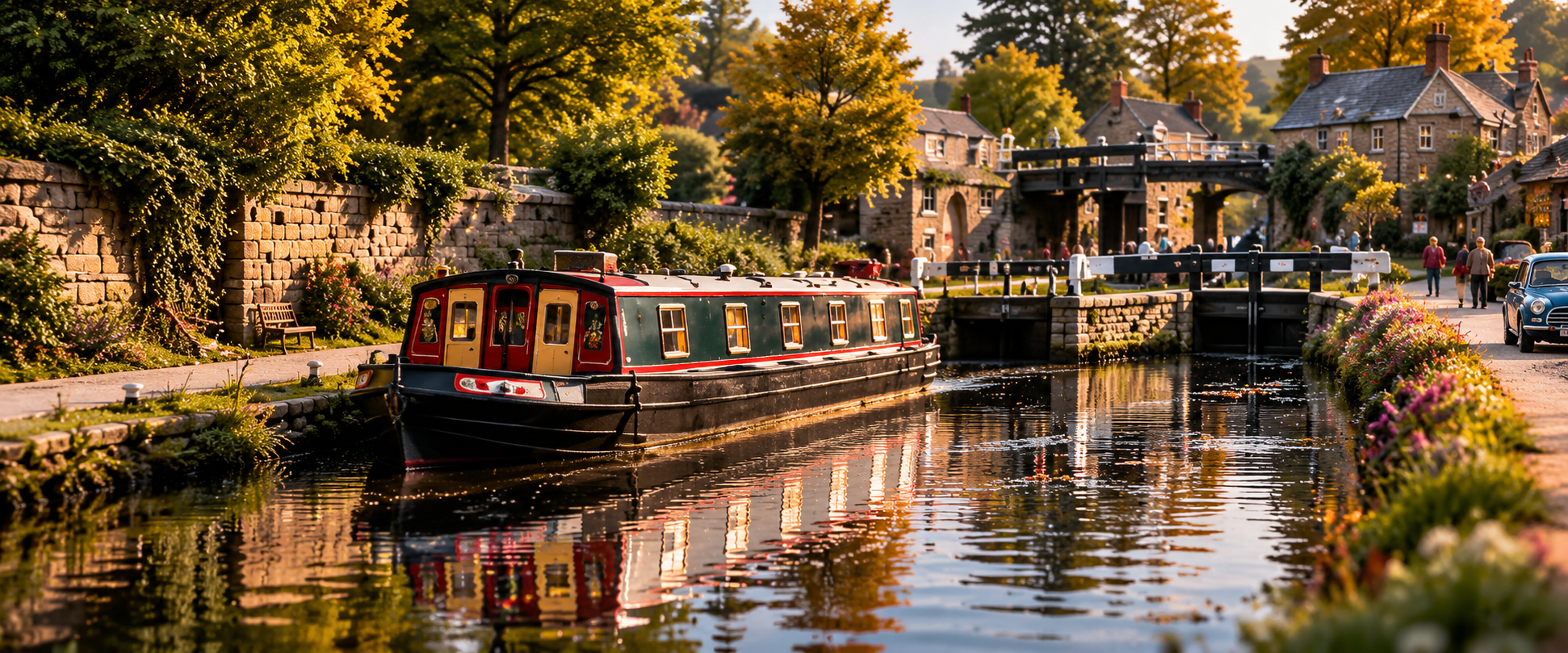 Traditional British canal, narrowboat and lock recreated in miniature for Model Britain's Britain in Motion experience