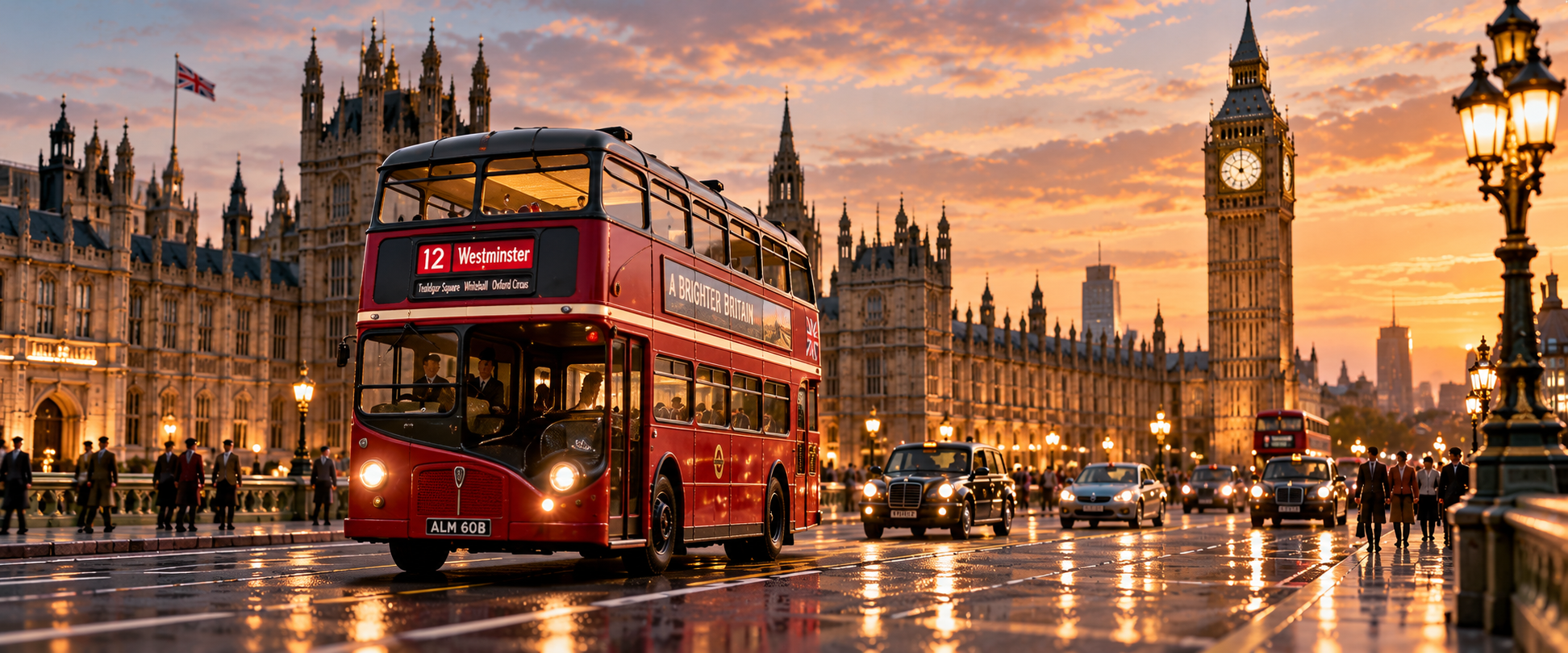 London bus travelling through Westminster in the Model Britain miniature world