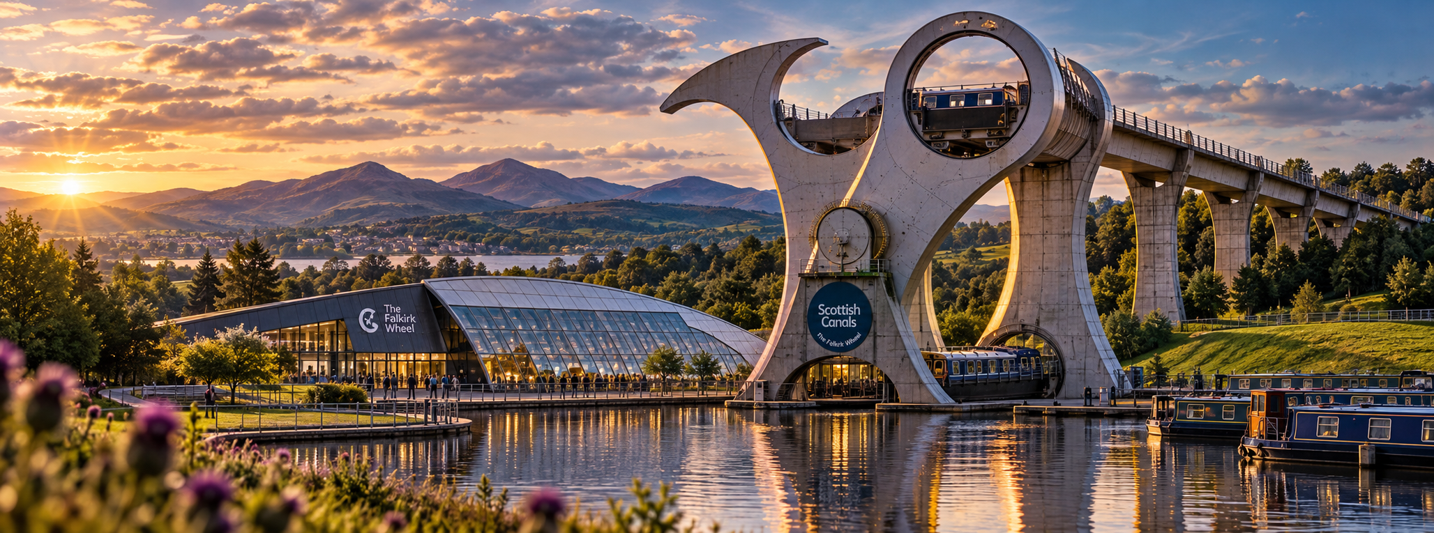 The Falkirk Wheel in Scotland at golden hour