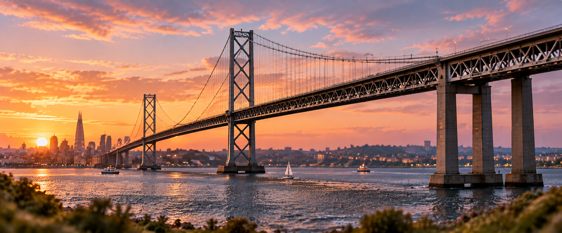 Iconic British transport bridge spanning open water at sunset