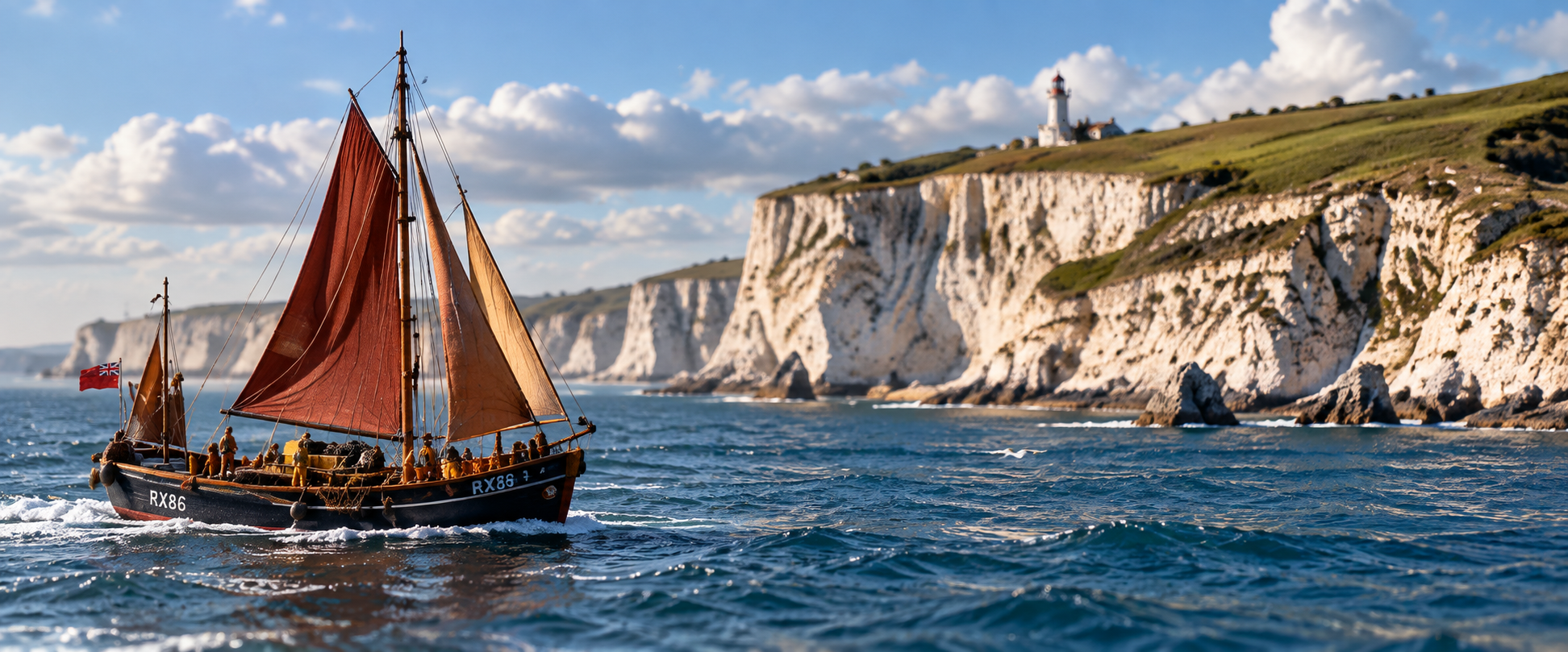 Traditional sailing vessel beneath white chalk cliffs