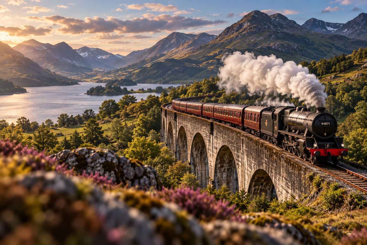 Steam train crossing a Highland viaduct in Scotland