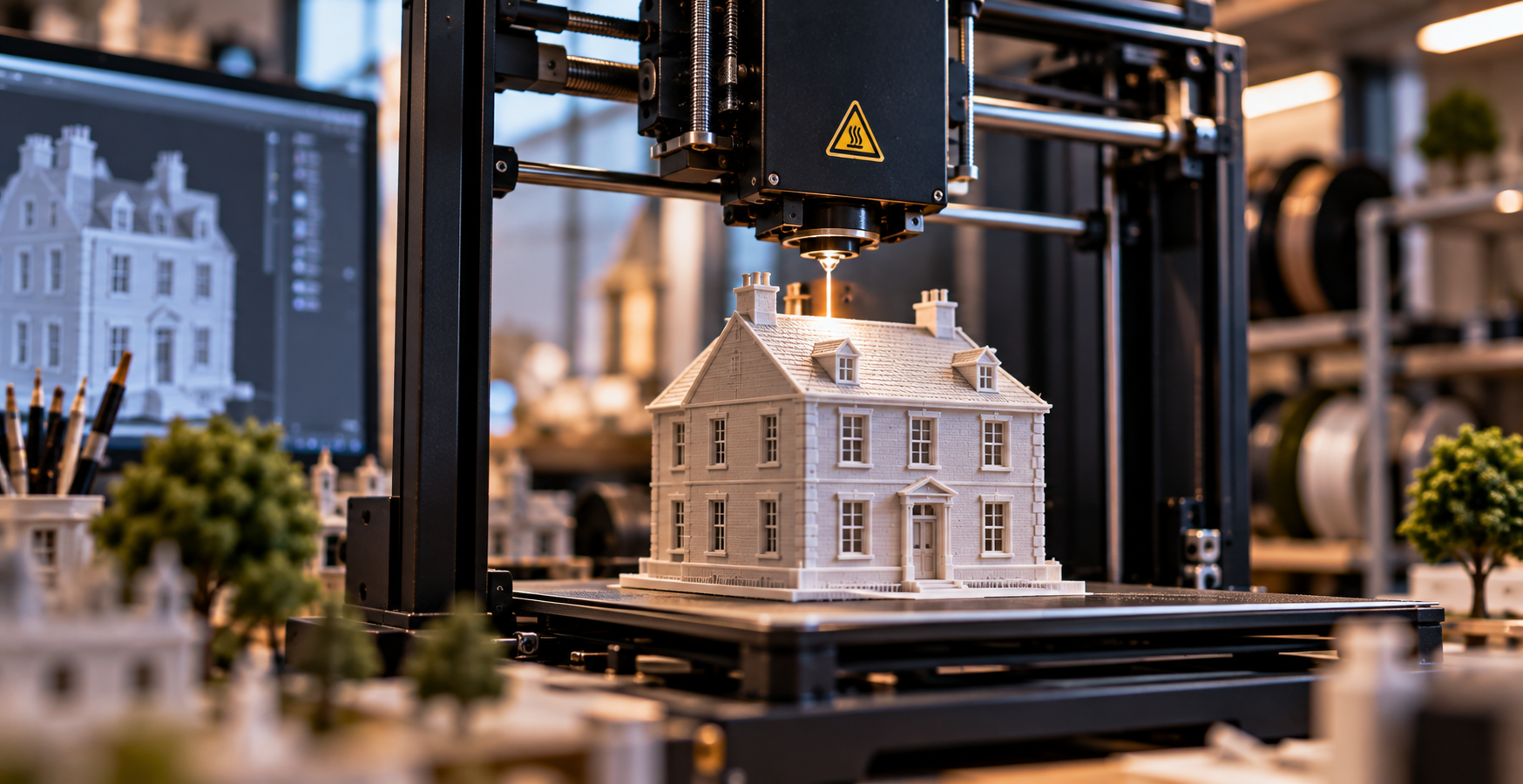 3D printer creating a highly detailed miniature British building