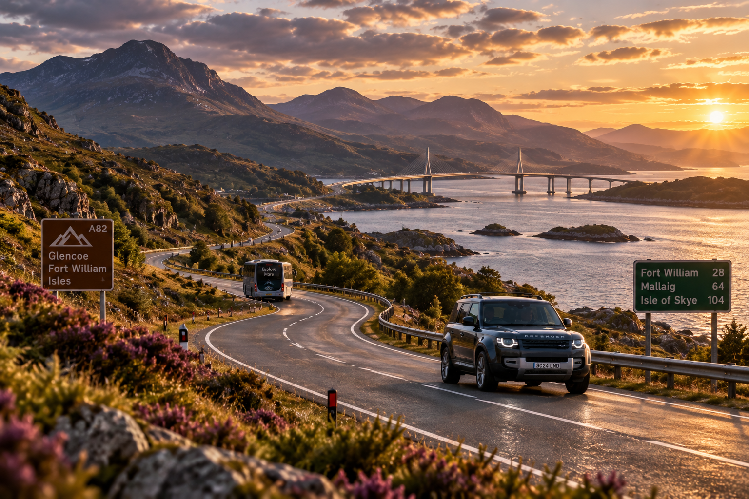 Road winding through the Scottish Highlands at golden hour