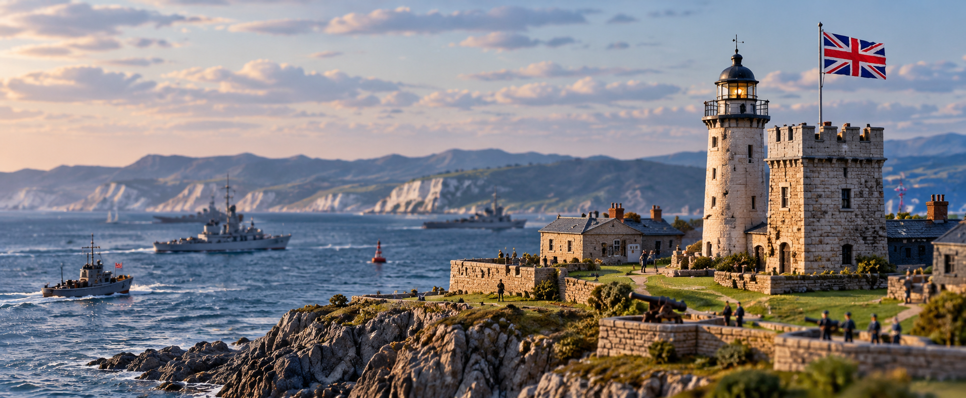 Miniature British coastal fortress, lighthouse and maritime defence scene