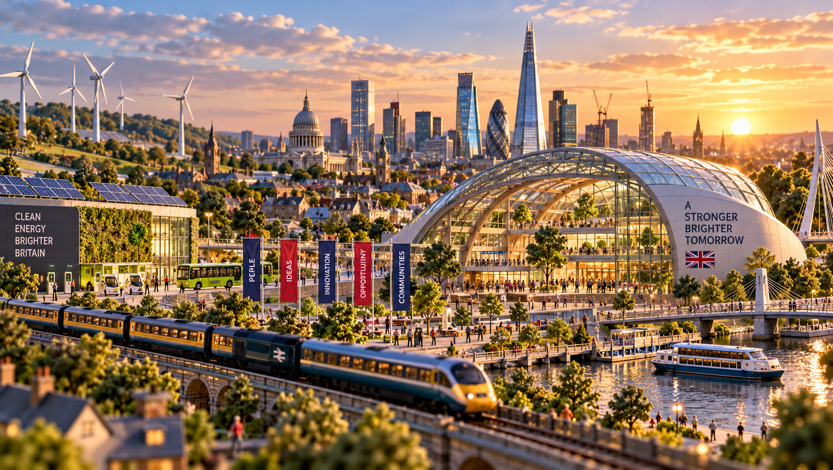 Miniature future Britain with sustainable engineering, transport and modern infrastructure
