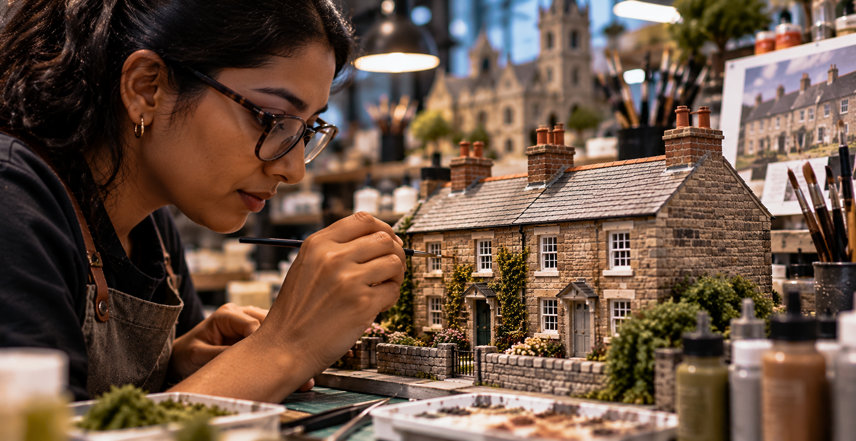 Modelmaker hand finishing and detailing a miniature British village building