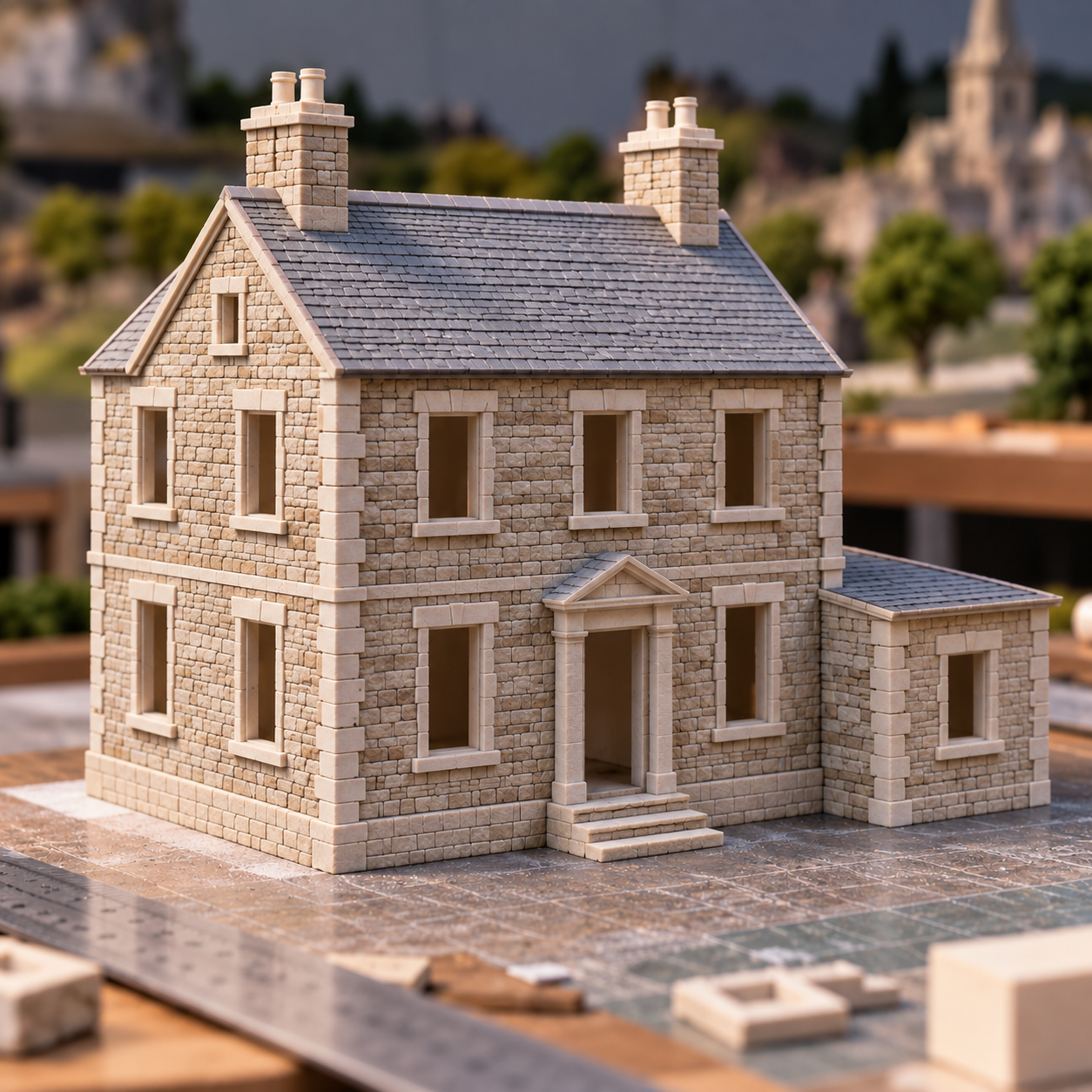 Miniature stone house with detailed surface textures applied