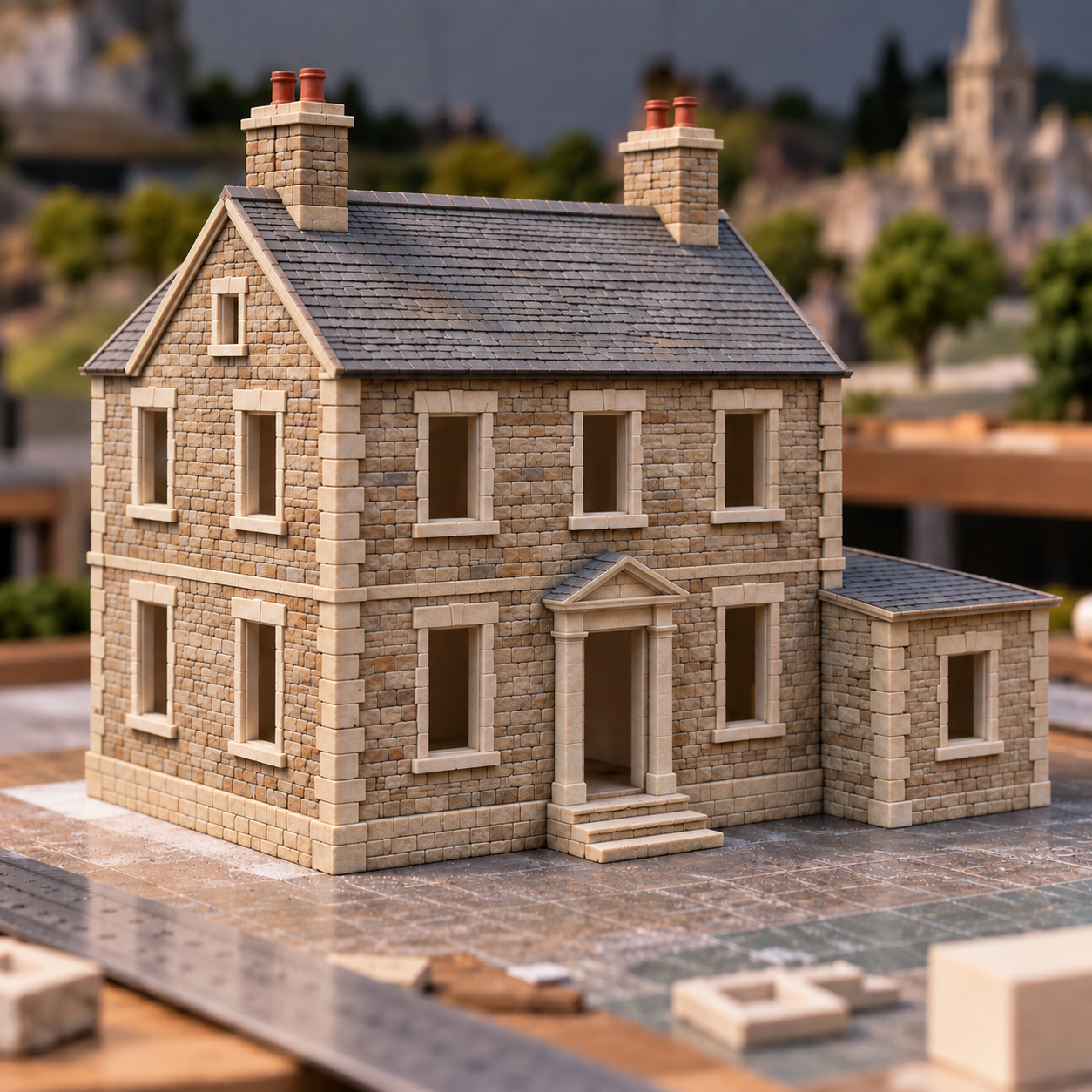 Miniature Georgian stone house after its base colours have been applied