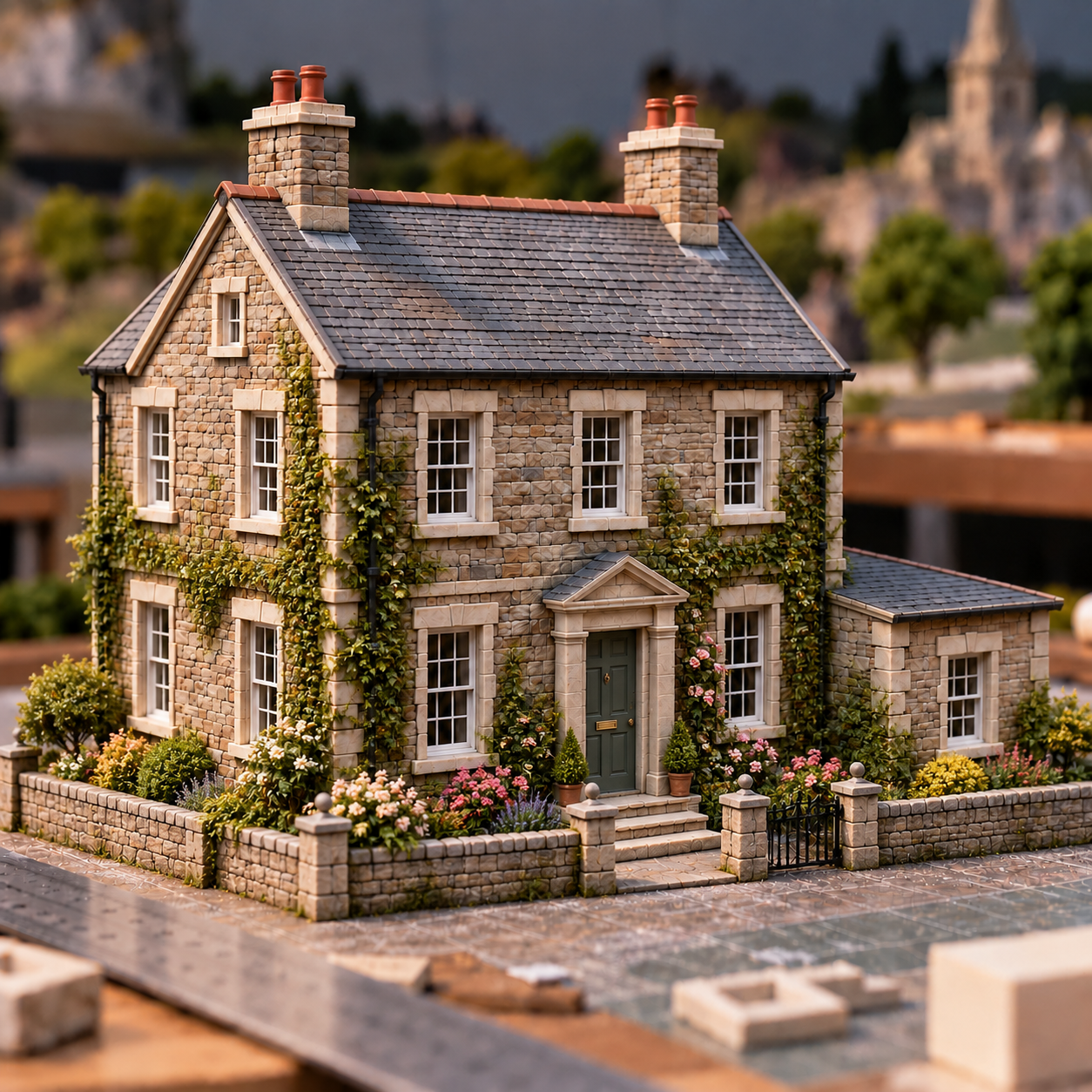 Miniature stone house surrounded by detailed planting, flowers and landscaping