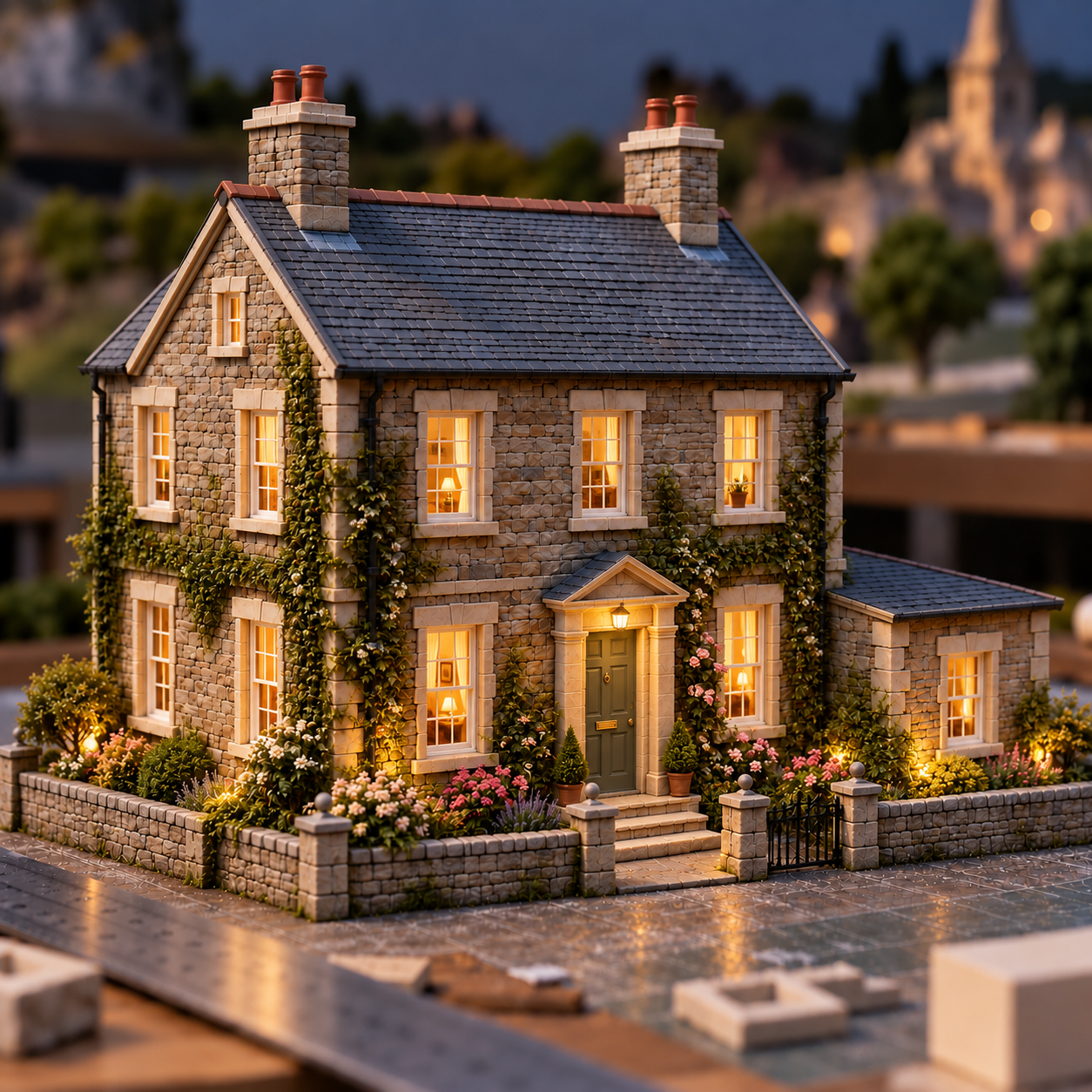 Miniature country house illuminated with warm interior and exterior lighting