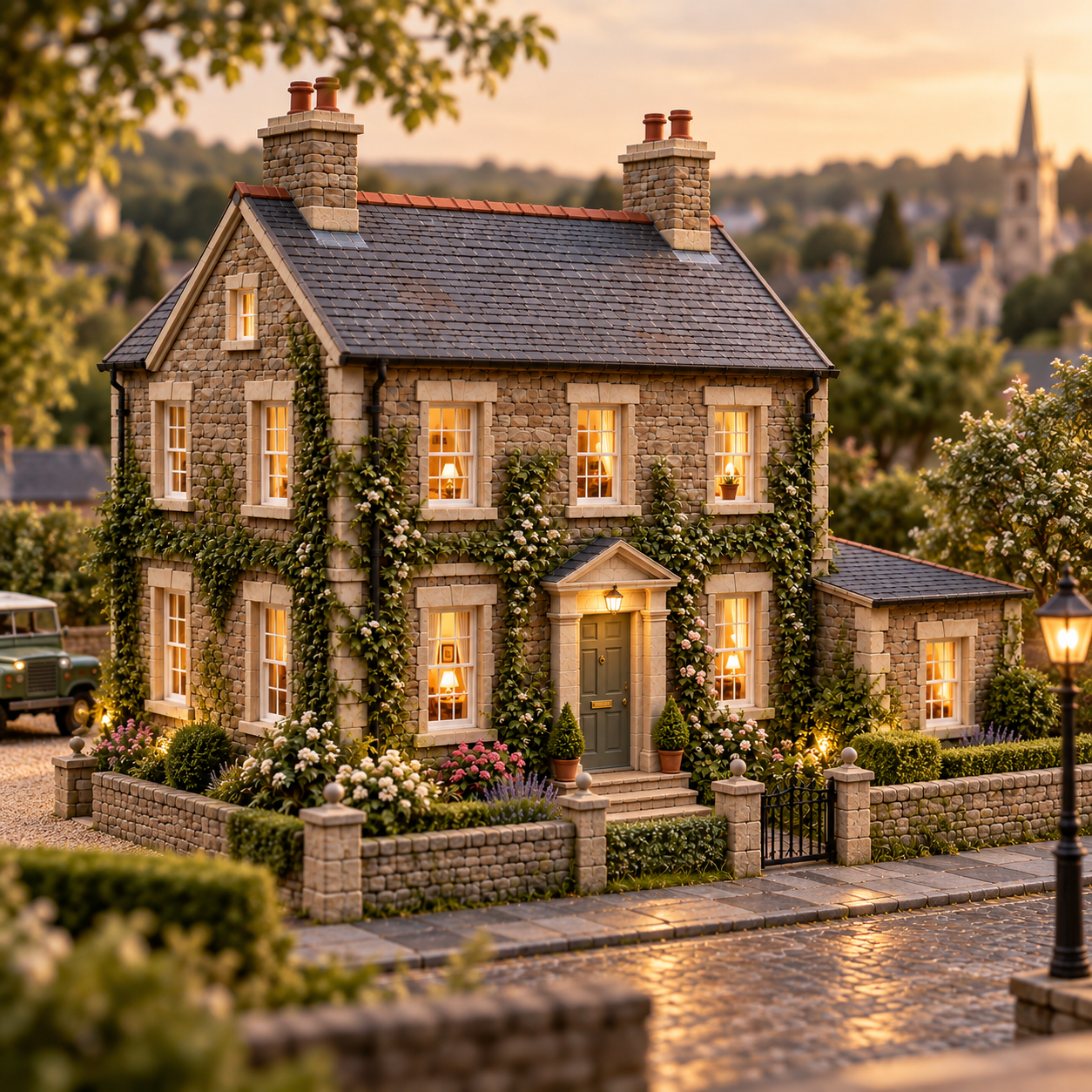 Fully finished miniature stone cottage placed within its completed Model Britain village setting at golden hour