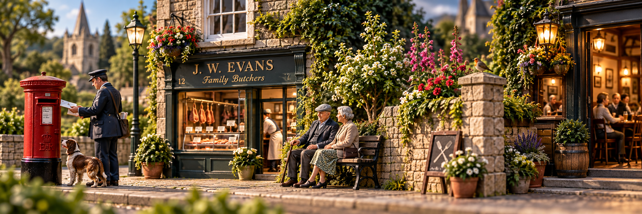 Highly detailed miniature English village street filled with tiny everyday scenes and hidden details